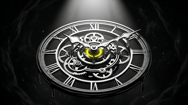 Surreal mechanical clock with roman numerals melting in shadows