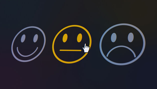Illustration of a fictional website showing a mouse pointer clicking on a neutral button (neutral feedback) in a feedback survey. Business concept for online ratings.