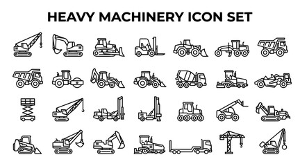 Collection of Heavy Machinery Icons Featuring Construction Vehicles and Industrial Equipment Outlines © MSTSUFIA