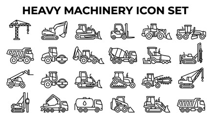 Collection of Heavy Machinery Icons Featuring Construction Vehicles and Industrial Equipment Outlines © MSTSUFIA