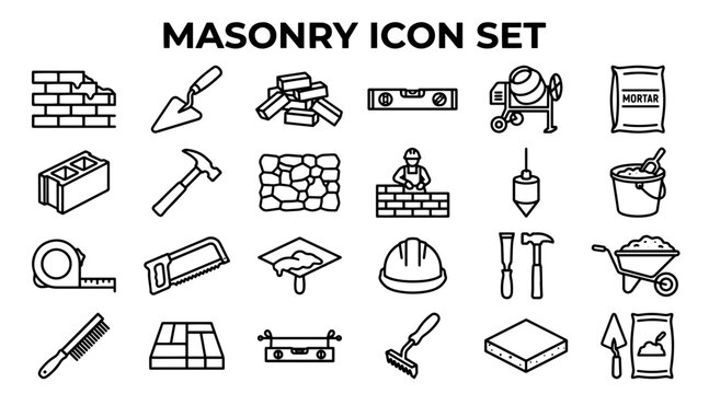 Collection of Masonry Icon Set Featuring Construction Tools and Building Materials in Outline Style