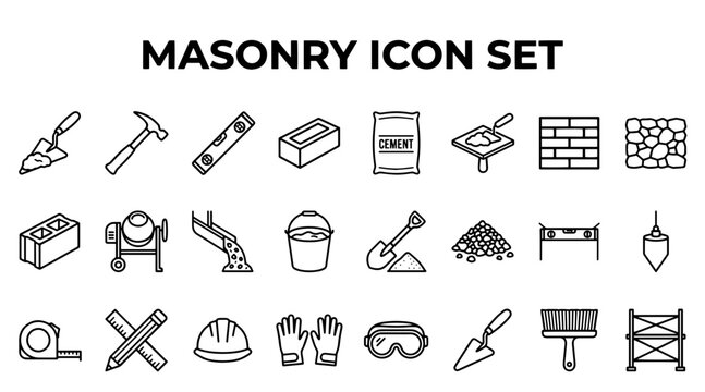 Collection of masonry icon set featuring construction tools and building materials in outline style