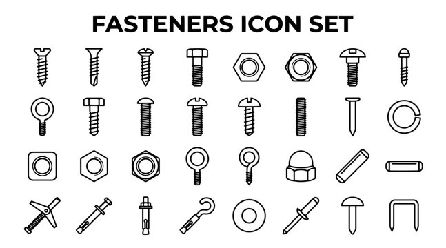 Collection of Industrial Fasteners Icon Set Featuring Various Metal Screws Bolts and Nuts Outline