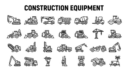 Collection of Construction Equipment Icons Featuring Heavy Machinery and Industrial Vehicles Outline © MSTSUFIA