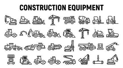 Collection of Construction Equipment Icons Featuring Heavy Machinery and Industrial Vehicles in Outline © MSTSUFIA