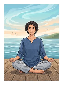 Woman meditating in lotus position on a wooden pier at sunset