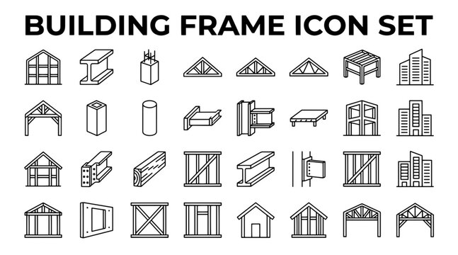 Collection of Building Frame Icons Illustrating Structural Steel Beams and Construction Frameworks