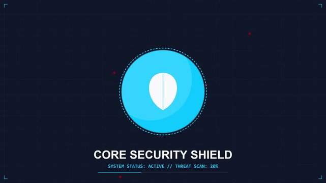 Centralized Security Shield Display with Glowing Core Animation in Dark Cyber Environment