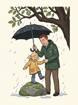 Father and daughter playing in the rain under an umbrella