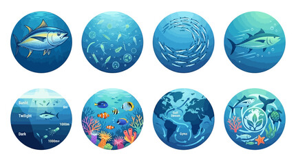 Obraz premium Vector Set of Diverse Oceanic Elements Including Fish, Coral, Marine Life, Underwater Scenes, and Ecosystems in Various Blue Tones