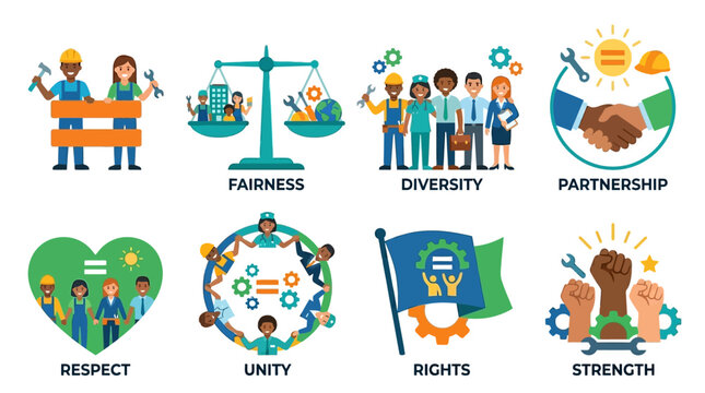 Diverse group of people working together in harmony with Vector Set of icons representing fairness, respect, and unity in a collaborative environment.