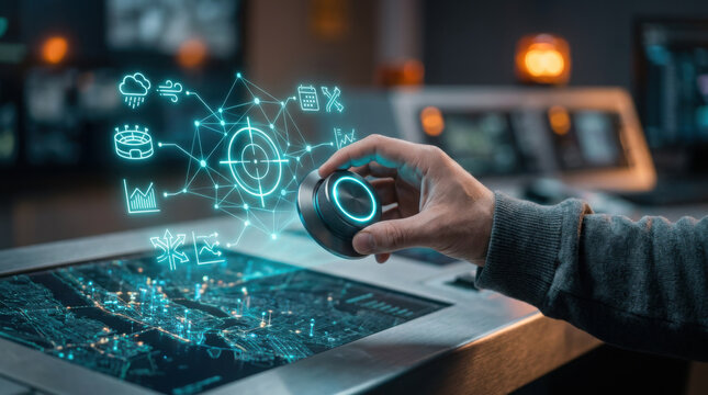 Close-up of a person's hand in a grey sweater rotating a glowing haptic feedback dial over a high-tech holographic city map and data visualization display for predictive modeling.