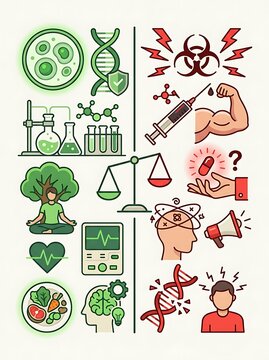 Scientific ethics and health comparison icons in green and red