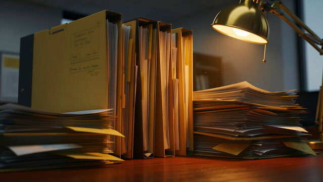Stacks of office folders on a desk under a lamp. Warm light hits messy paperwork in a dark room. Administrative archive concept for legal or financial business marketing.
