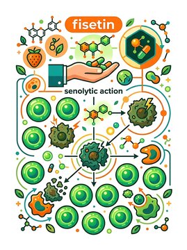 Fisetin supplement and senolytic action on aging cells infographic