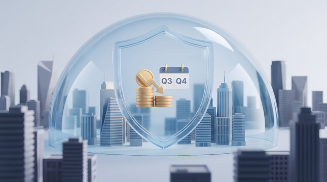 3D illustration of transparent dome and protective shield guarding city buildings with decreasing gold coins and calendar Q3 Q4 icon inside corporate finance safety net and quarterly risk management c