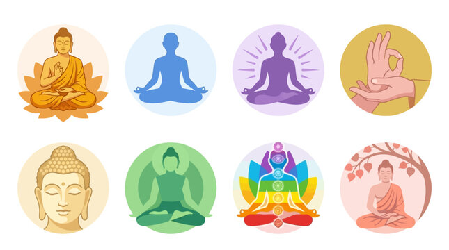 A serene Vector Set of meditating buddha statues in various colorful poses and environments.