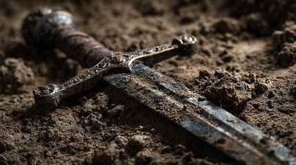 Obraz premium victorious. A broken sword in mud next to a pristine sword on clean cloth. wellbeing guides, coaching materials, designed for coaching and self-improvement content, encourages positive mindset.