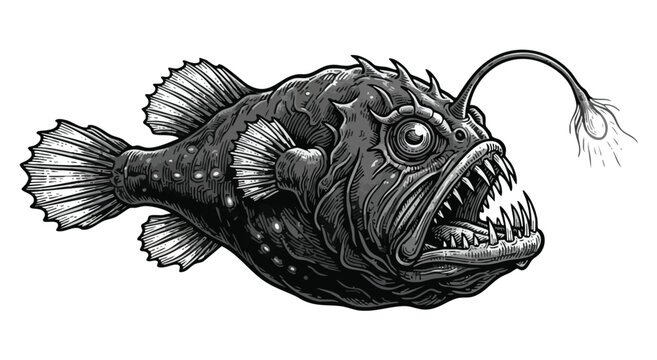 Detailed black and white illustration of an anglerfish with light lure