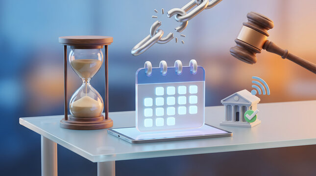 3D illustration of digital calendar on tablet screen with broken metal chain hourglass and judge gavel next to court building online law execution and deadline termination concept
