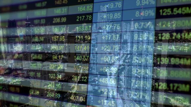 Close-up of a digital stock market ticker board displaying financial figures and percentages, double exposed with a dense modern city skyline at night, depicting global trading systems.