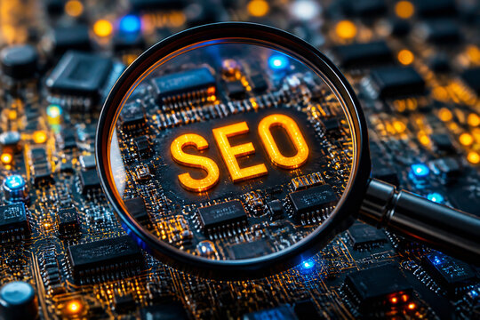 A magnifying glass focusing on the letters SEO printed on a computer circuit board.