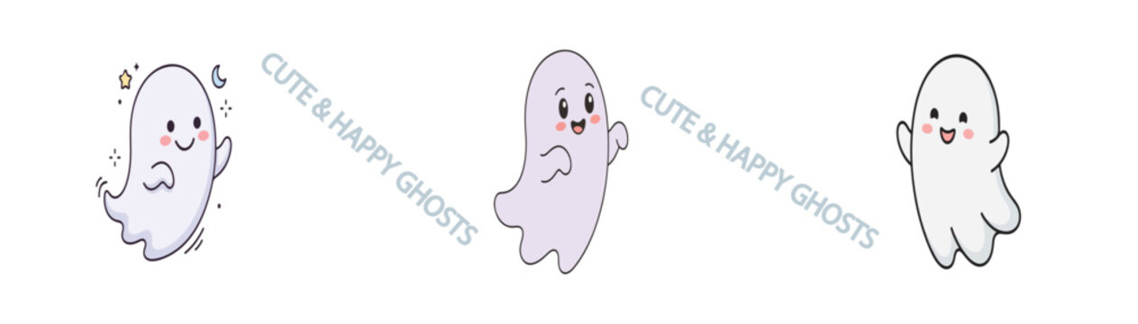 Cute and happy ghosts vector set, friendly cartoon ghost characters with smiling faces, hand drawn spooky halloween spirits for kids party decor