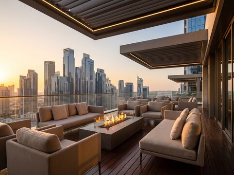 Modern Rooftop Terrace Lounge with City Skyline at Golden Hour