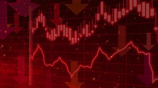 Abstract red glowing financial chart showing a steep downward trend with grid lines, symbolizing market crash, negative economic growth, bankruptcy, and declining business investments.