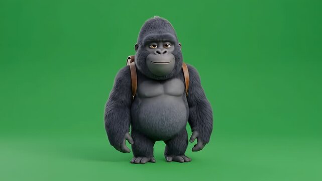 Cute 3D gorilla character wearing a school backpack on green background