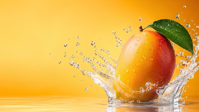 オレンジ色の背景に跳ねる水とマンゴー / Mango splashing in water on orange background (Generative AI)