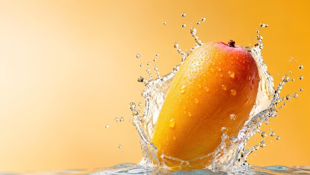 勢いよく水に飛び込む新鮮なマンゴー / Fresh mango splashing into water with energy (Generative AI)
