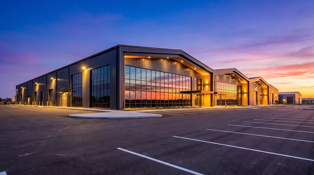 Modern warehouse exterior at sunset with reflective glass facade, warehouse