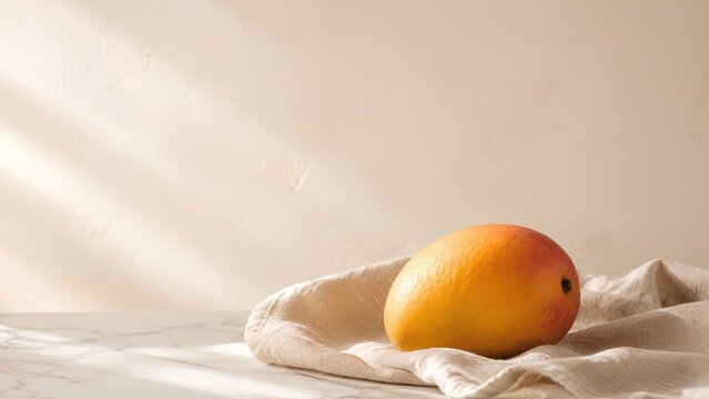 柔らかな光に包まれた完熟マンゴー / Ripe mango bathed in soft morning light (Generative AI)