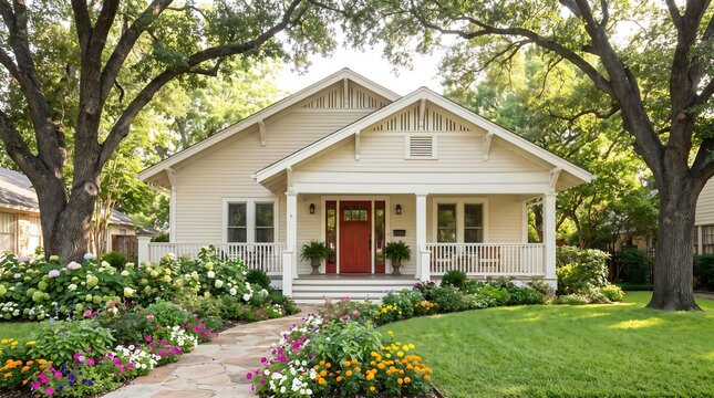 Charming residential cottage with flower garden and stone walkway, residential