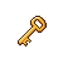 Fototapeta premium Golden pixel art key for unlocking treasure and secret doors