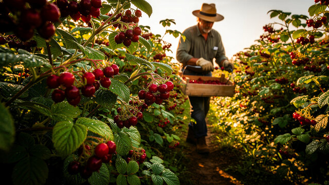 Farmer harvesting fresh red berries in a sunny field. Senior man picks ripe fruit into a wooden crate at a plantation. Organic farming concept, ideal for healthy food and seasonal marketing.