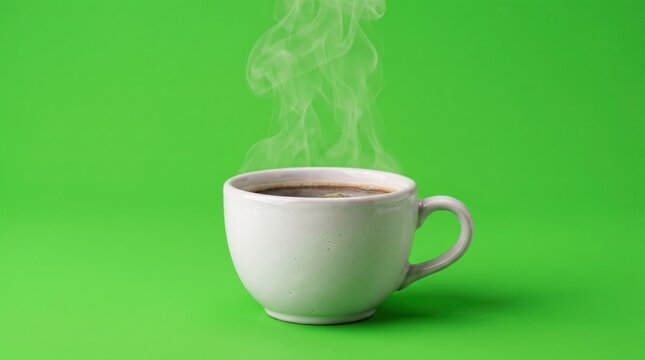 A steaming cup of coffee sits on a green surface emitting vapor.