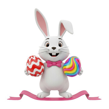 Happy cartoon bunny holding colorful easter eggs