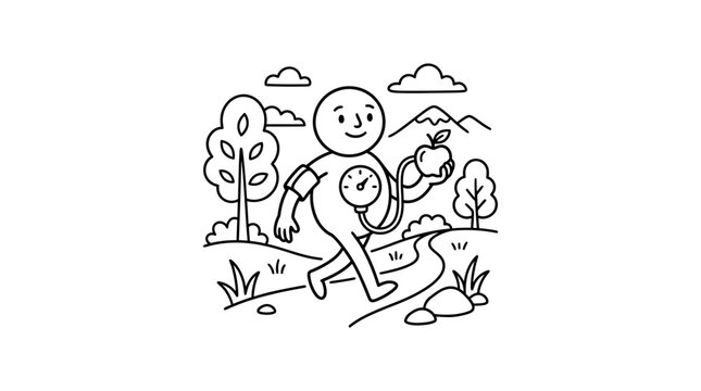 Healthy Lifestyle Concept: Person Walking Outdoors with Blood Pressure Monitor and Apple