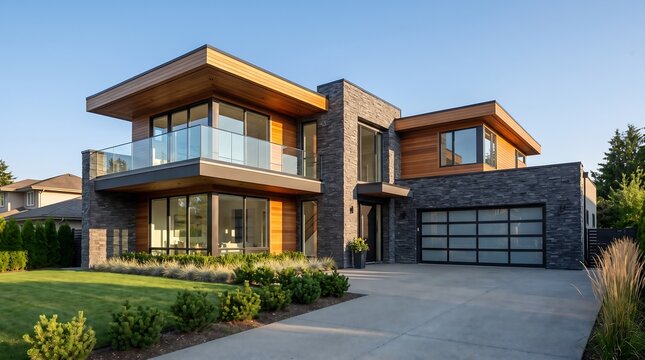Modern luxury home exterior with stone cladding and wooden accents, real estate
