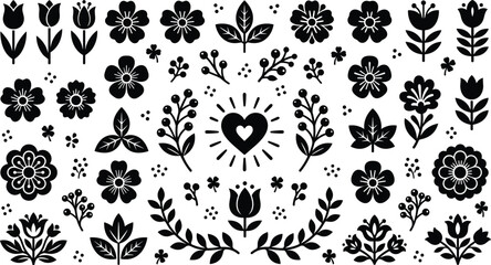 Scandinavian folk art floral elements set with black flowers leaves and heart in silhouette vector style © Utpal