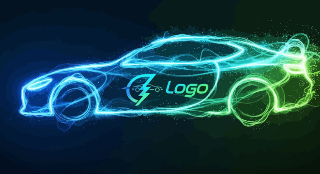 Glowing electric sports car outline with energy lightning logo