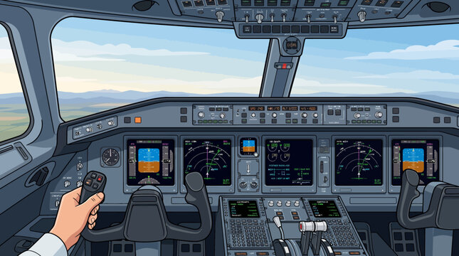 Pilots view from airplane cockpit during flight with controls and instruments visible.
