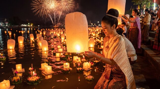 Beautiful Thai Woman in Traditional Dress Releasing Sky Lantern at Loy Krathong and Yi Peng Festival in Thailand