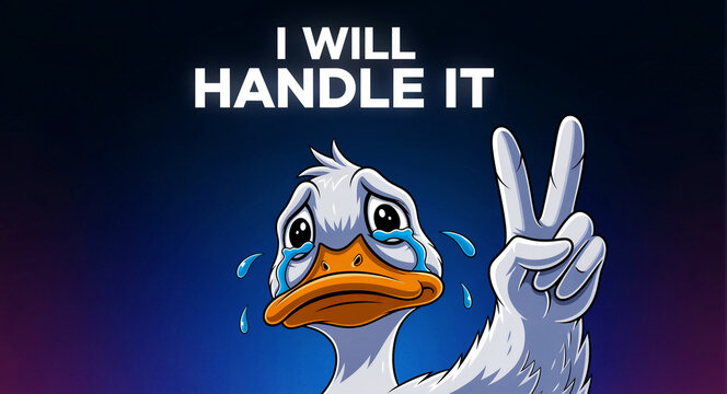 Crying cartoon duck making a peace sign gesture. Sad character with 'I will handle it' text on dark background. Ironic humor concept for social media, burnout, and mental health awareness.