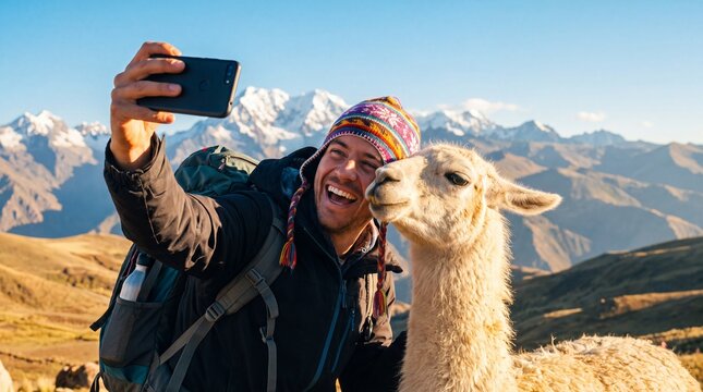 Cheerful Hiker Taking a Selfie with a Friendly Llama in the Andes Mountains