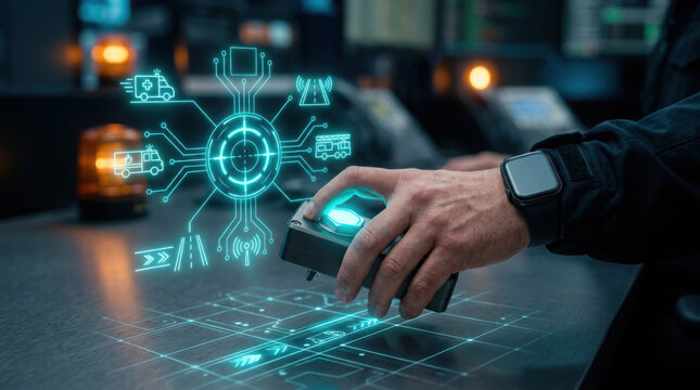 Close up of a hand pressing a glowing cyan priority override switch with a holographic emergency vehicle dispatch interface and digital map in a dark command center