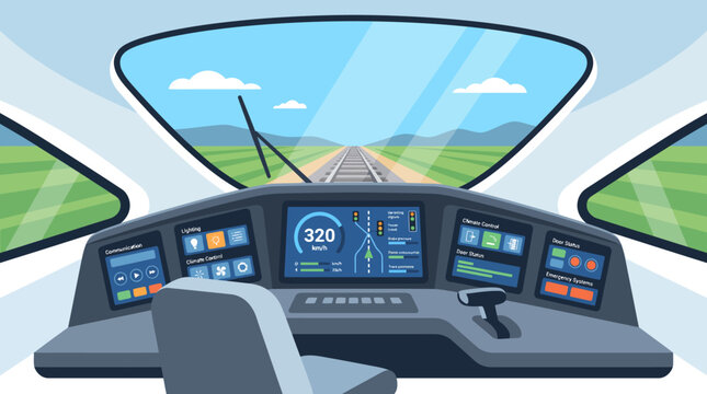 Modern high speed train driver cabin interior with digital dashboard and view of tracks.