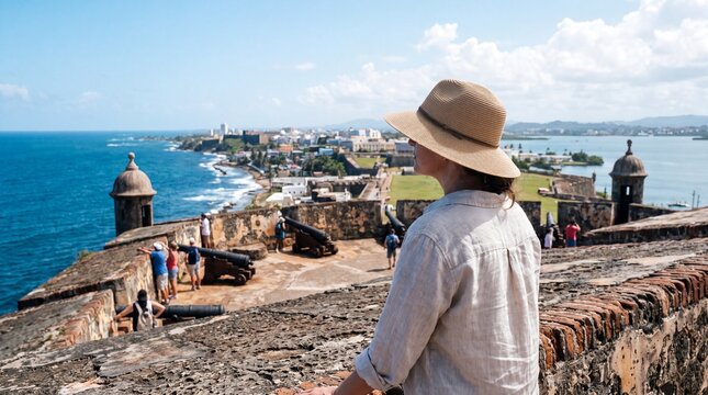 Woman Traveler in Straw Hat Looking at the Scenic Coastline from Castillo San Felipe del Morro in Old San Juan Puerto Rico